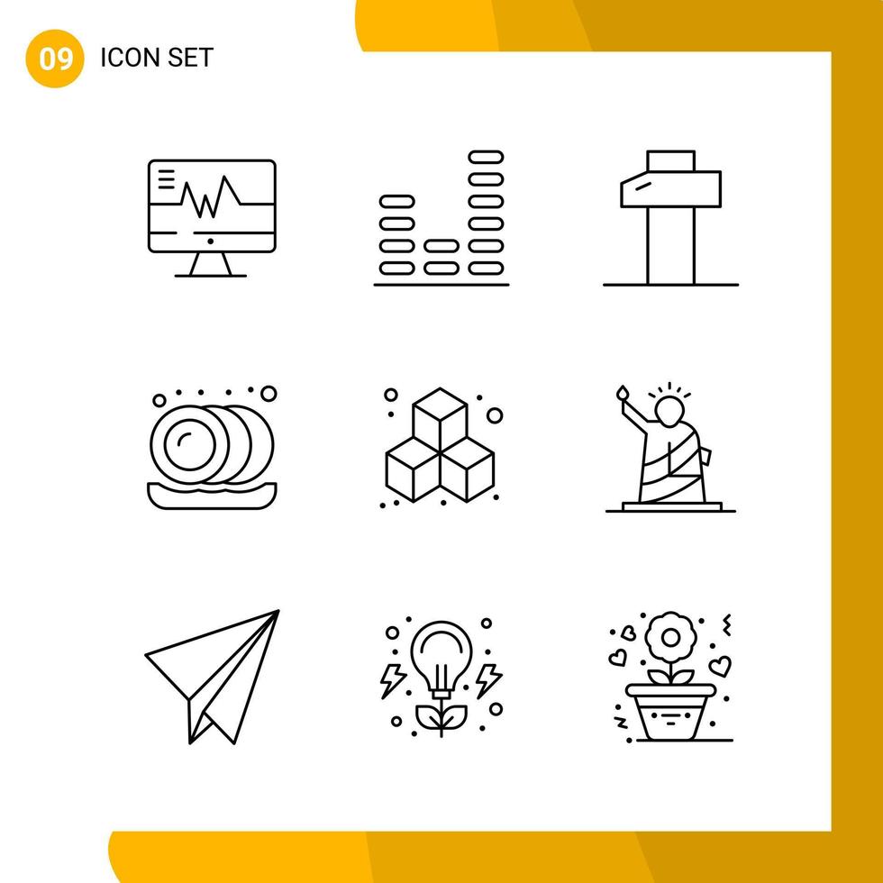9 ícones de conjunto de ícones de estilo de linha, símbolos de contorno isolados em fundo branco para site responsivo, projetando fundo de vetor de ícone preto criativo