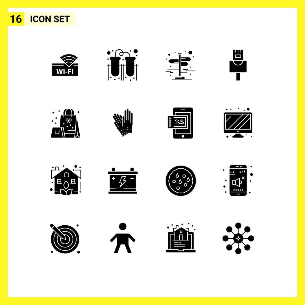 conjunto moderno de 16 pictogramas de glifos sólidos de elementos de design de vetores editáveis de saco de cidade de presente surpresa