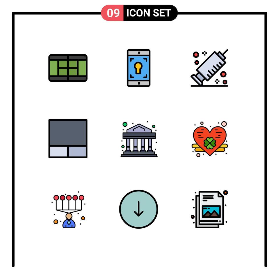 conjunto de pictogramas de 9 cores planas de linha preenchida simples de elementos de design de vetor editável comercial de trevo de vacina de coração pessoal