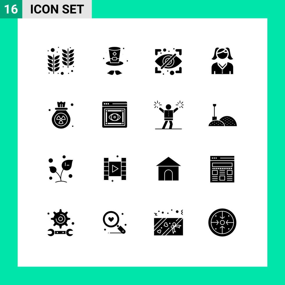 pacote de 16 sinais e símbolos de glifos sólidos modernos para mídia impressa na web, como poluição de resíduos, gás ocular, mãe, elementos de design vetorial editáveis vetor