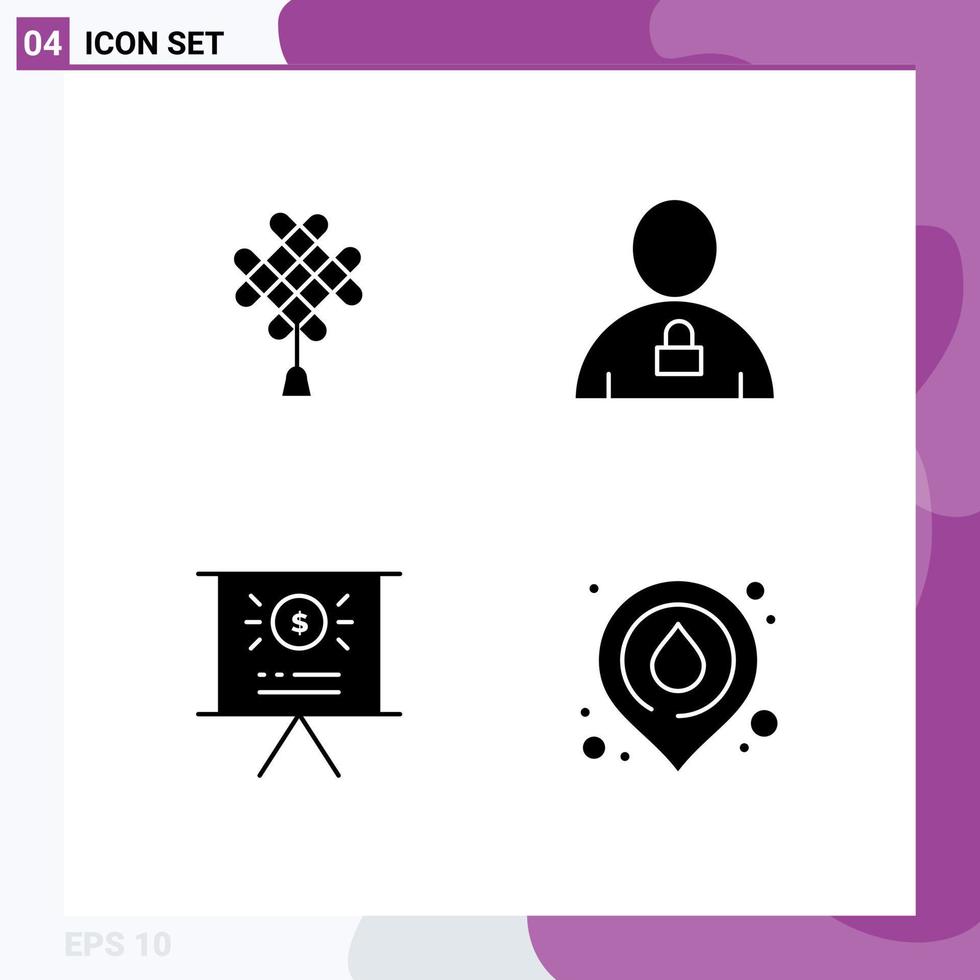 conjunto de glifos sólidos de interface móvel de 4 pictogramas de decoração de negócios chineseknot apresentação humana elementos de design de vetores editáveis
