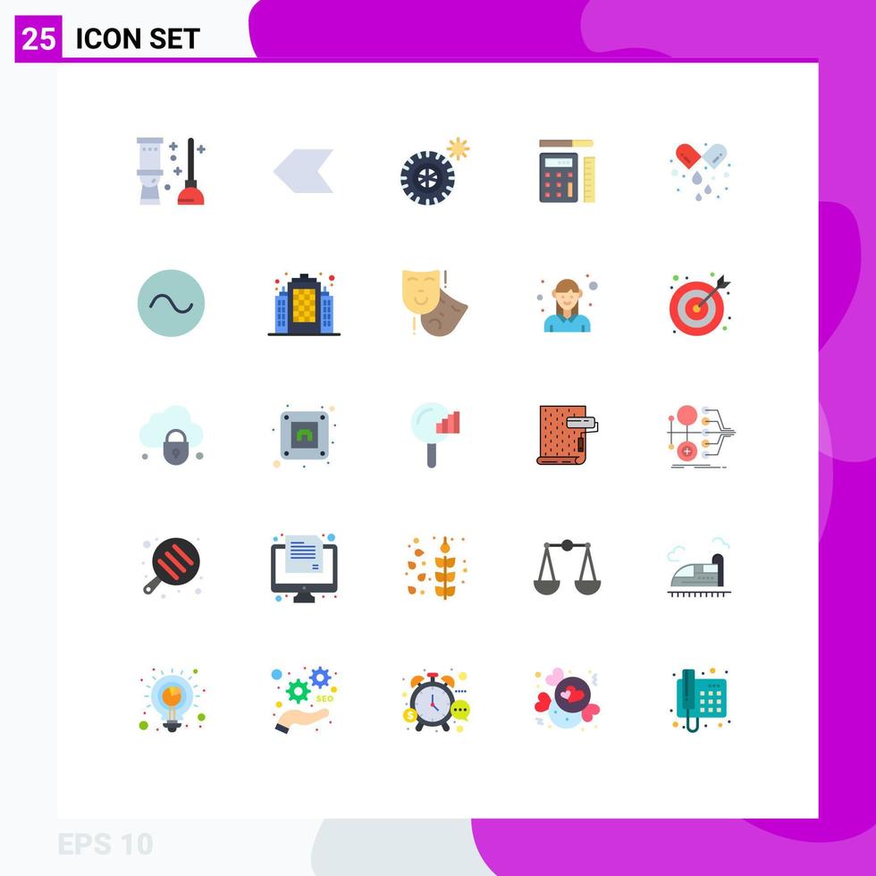 Pacote de cores planas de 25 interfaces de usuário de sinais e símbolos modernos de comprimidos de remédios, pneus, escala de cápsulas, elementos de design vetorial editáveis vetor