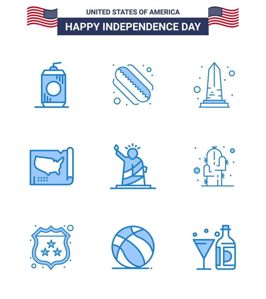 feliz dia da independência dos eua conjunto de pictogramas de 9 blues simples da liberdade monumento dos eua mapa unido editável dia dos eua vetor elementos de design