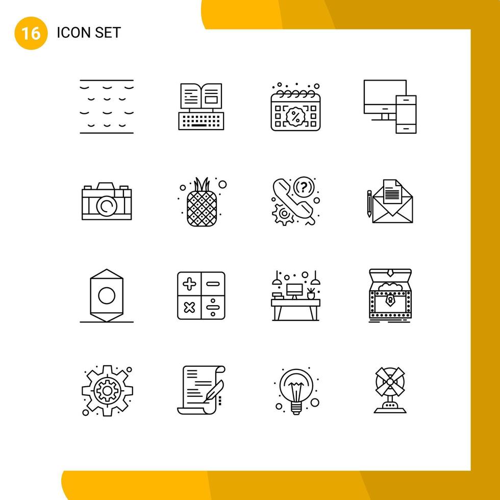 16 contornos universais definidos para aplicações web e móveis câmera pc calendário mac computador elementos de design vetoriais editáveis vetor