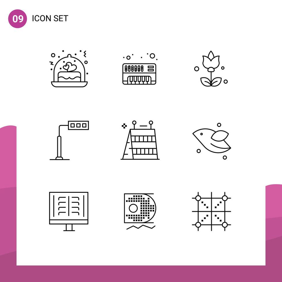 pacote de 9 contornos modernos, sinais e símbolos para mídia impressa na web, como ferramentas, construção, flores, barreira, torre, elementos de design vetorial editáveis vetor