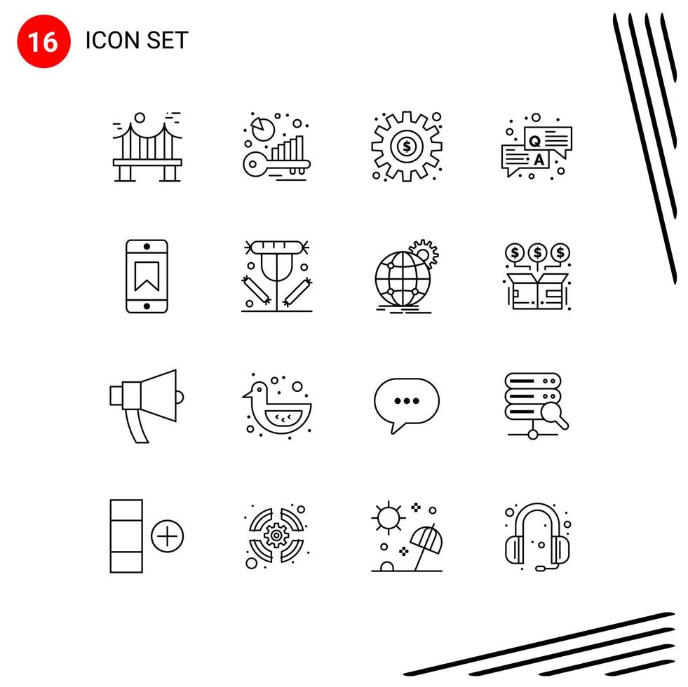 grupo de 16 contornos modernos definidos para realizações pergunta análise de palavra-chave qa configuração elementos de design de vetores editáveis