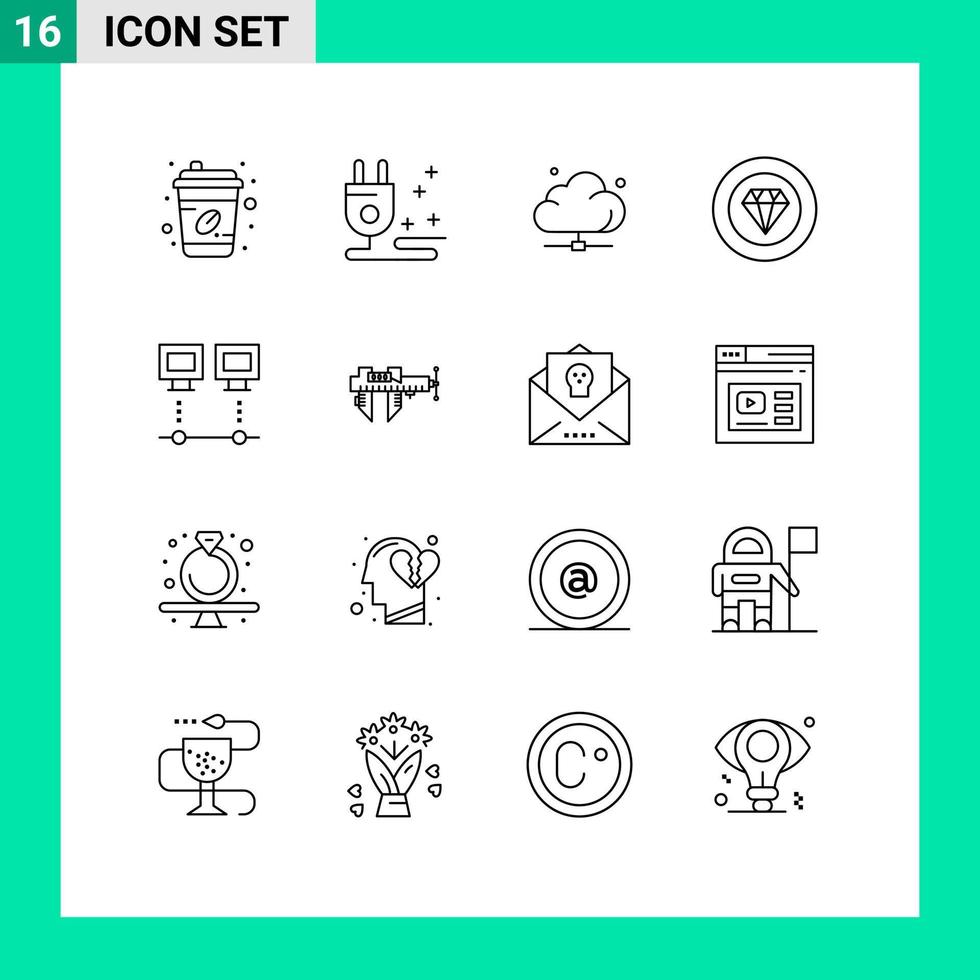 16 contornos universais definidos para aplicativos da web e móveis, desempenho de conexão, dados, joias, realizações, elementos de design vetorial editáveis vetor