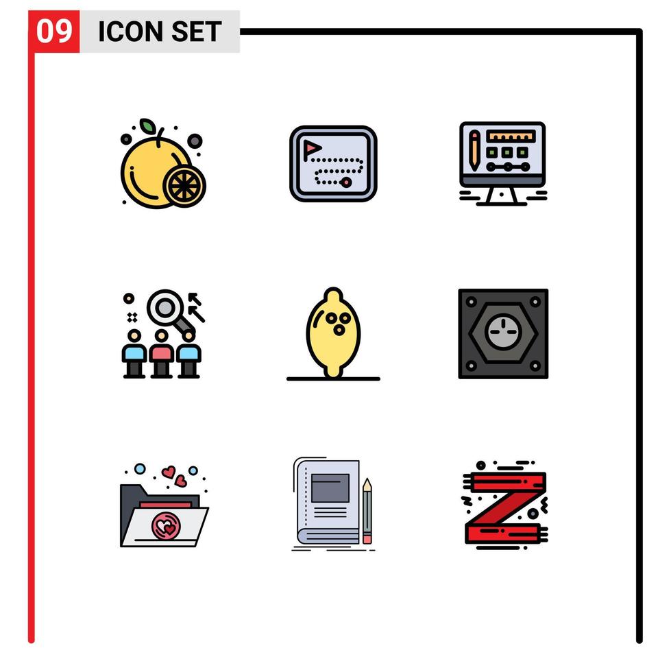 9 cores planas de linhas preenchidas de vetores temáticos e símbolos editáveis de elementos de design de vetores editáveis da equipe de trabalho de tela de comida de limão