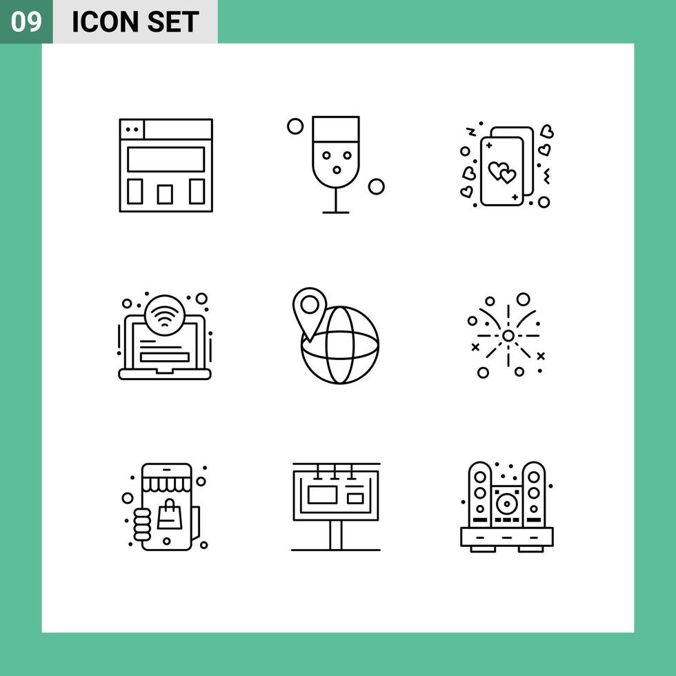 conjunto moderno de 9 contornos e símbolos, como elementos de design de vetores editáveis de área de laptop de coração wifi de viagem