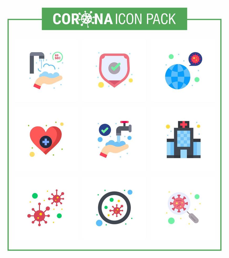 conjunto de ícones de prevenção de coronavírus 9 ícone de cor plana, como proteger vírus de amor médico em todo o mundo vírus viral doença 2019nov vetor elementos de design