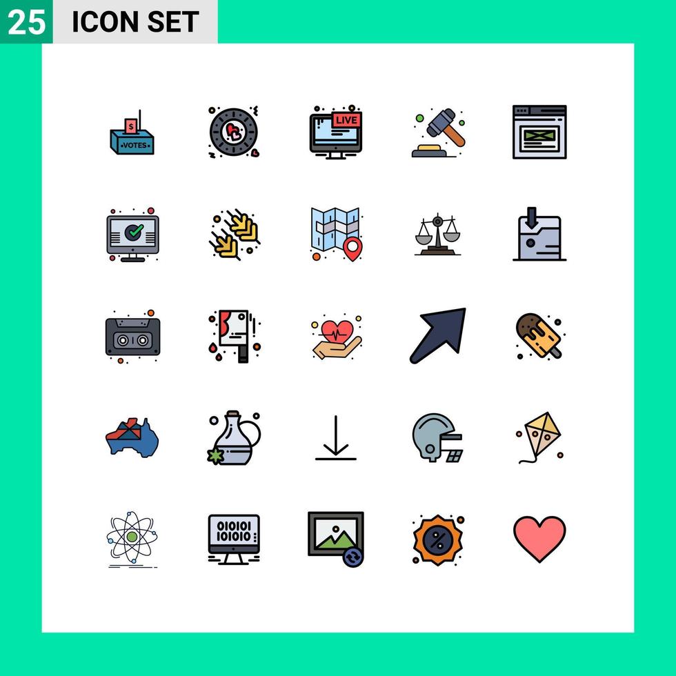 pacote de linha vetorial editável de 25 cores planas de linha preenchida simples de martelo de comércio leilão romântico elementos de design de vetores editáveis ao vivo