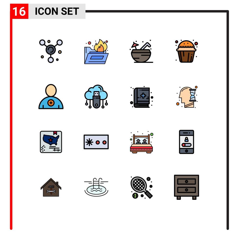 pacote de interface do usuário de 16 linhas básicas cheias de cor plana de usb nova bebida siga elementos de design de vetores criativos editáveis