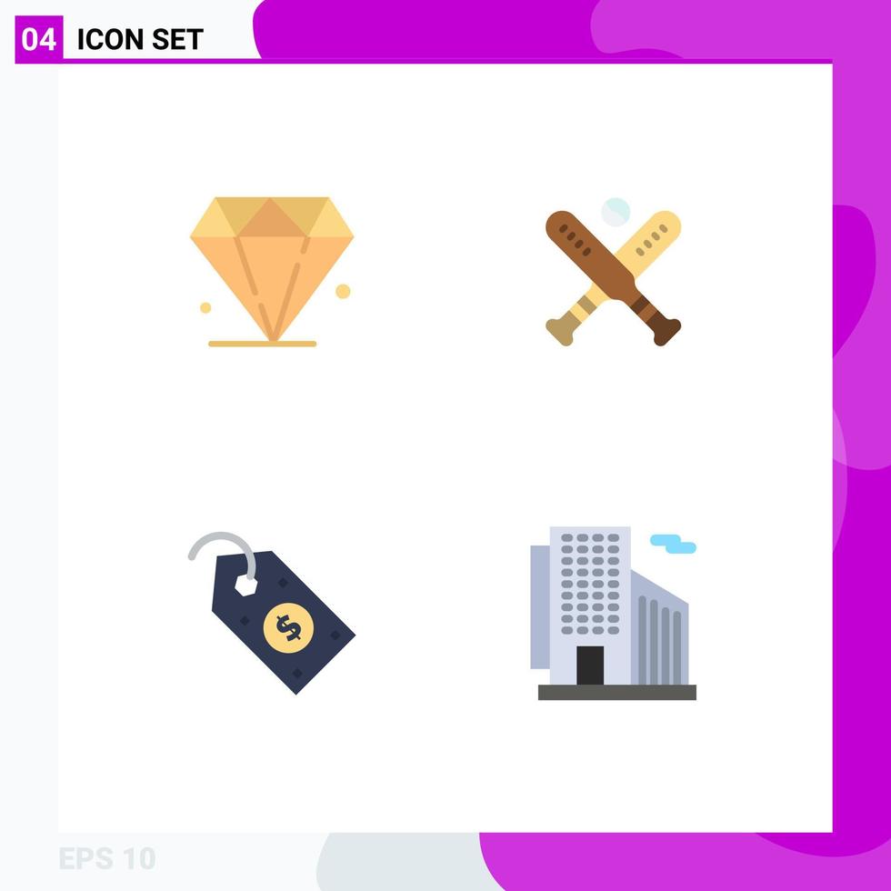 conjunto de 4 ícones planos vetoriais na grade para morcegos de bola de preço de diamante construindo elementos de design de vetores editáveis