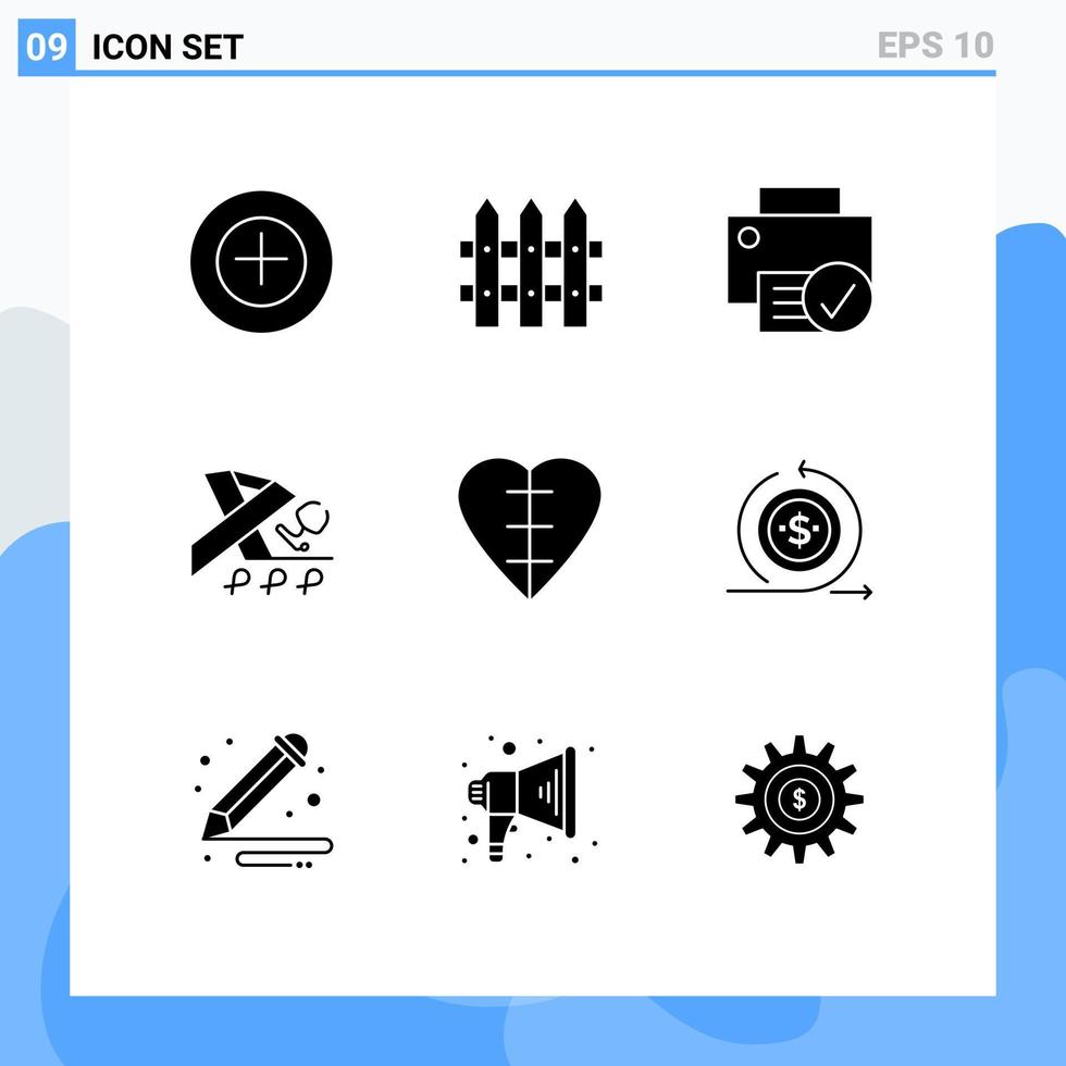 9 glifos sólidos universais definidos para aplicações web e móveis, coração humano, dispositivos cardíacos, consciência, saúde, elementos editáveis de design vetorial vetor