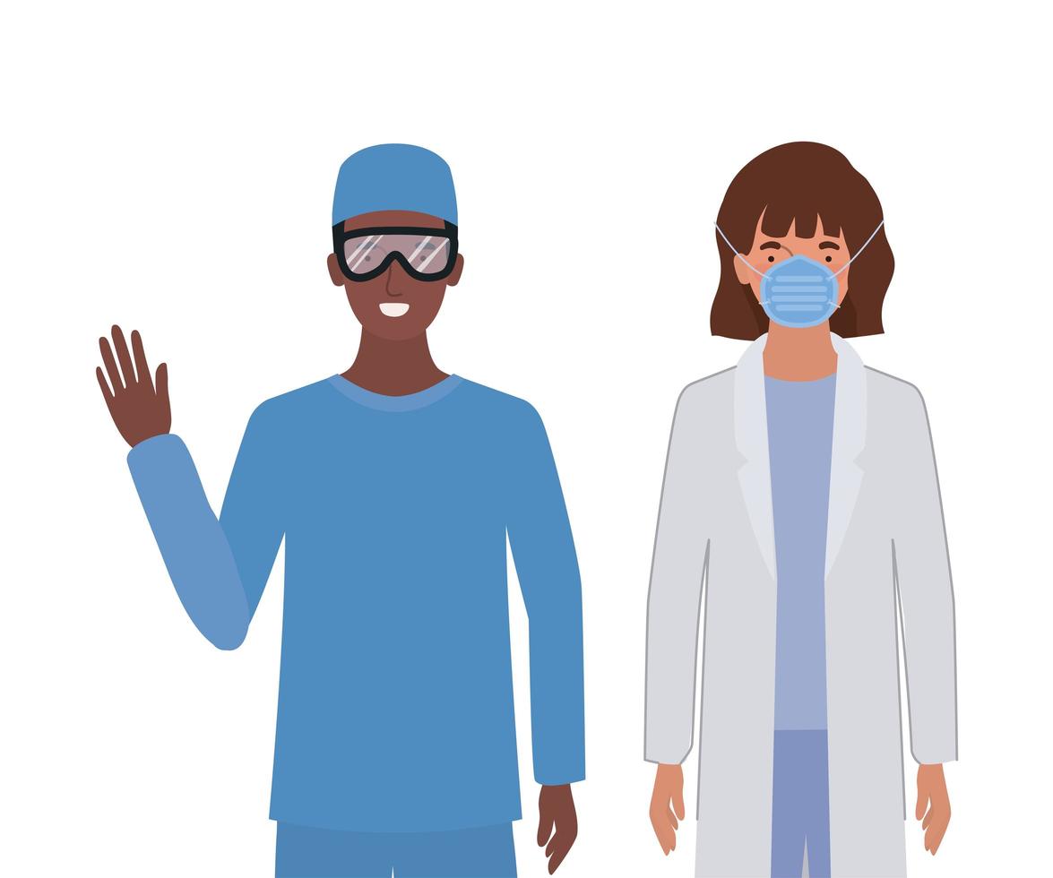 homem e mulher médico com uniforme, máscara e óculos vetor