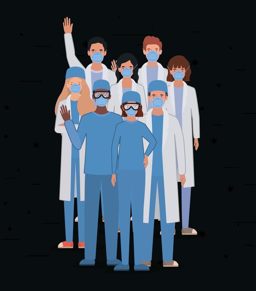 médicos e mulheres com uniformes, máscaras e óculos vetor