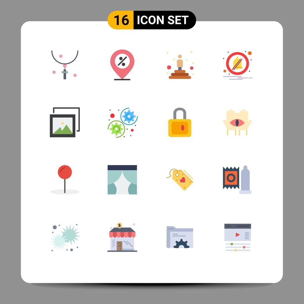 conjunto moderno de 16 cores planas e símbolos, como alarme de porcentagem de notificação de álbum, pacote editável profissional de elementos de design de vetores criativos