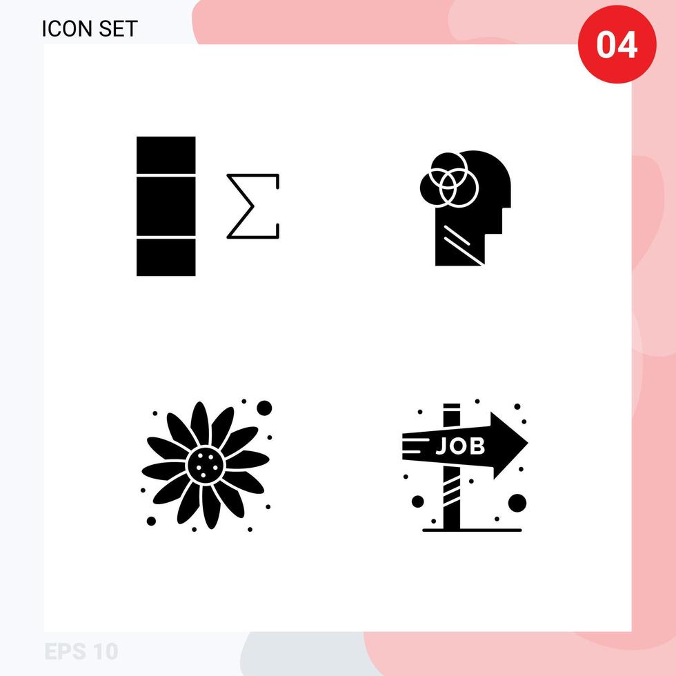 4 símbolos universais de glifos sólidos da coluna flor do sol inteligência humana cabeça escolha elementos de design de vetores editáveis