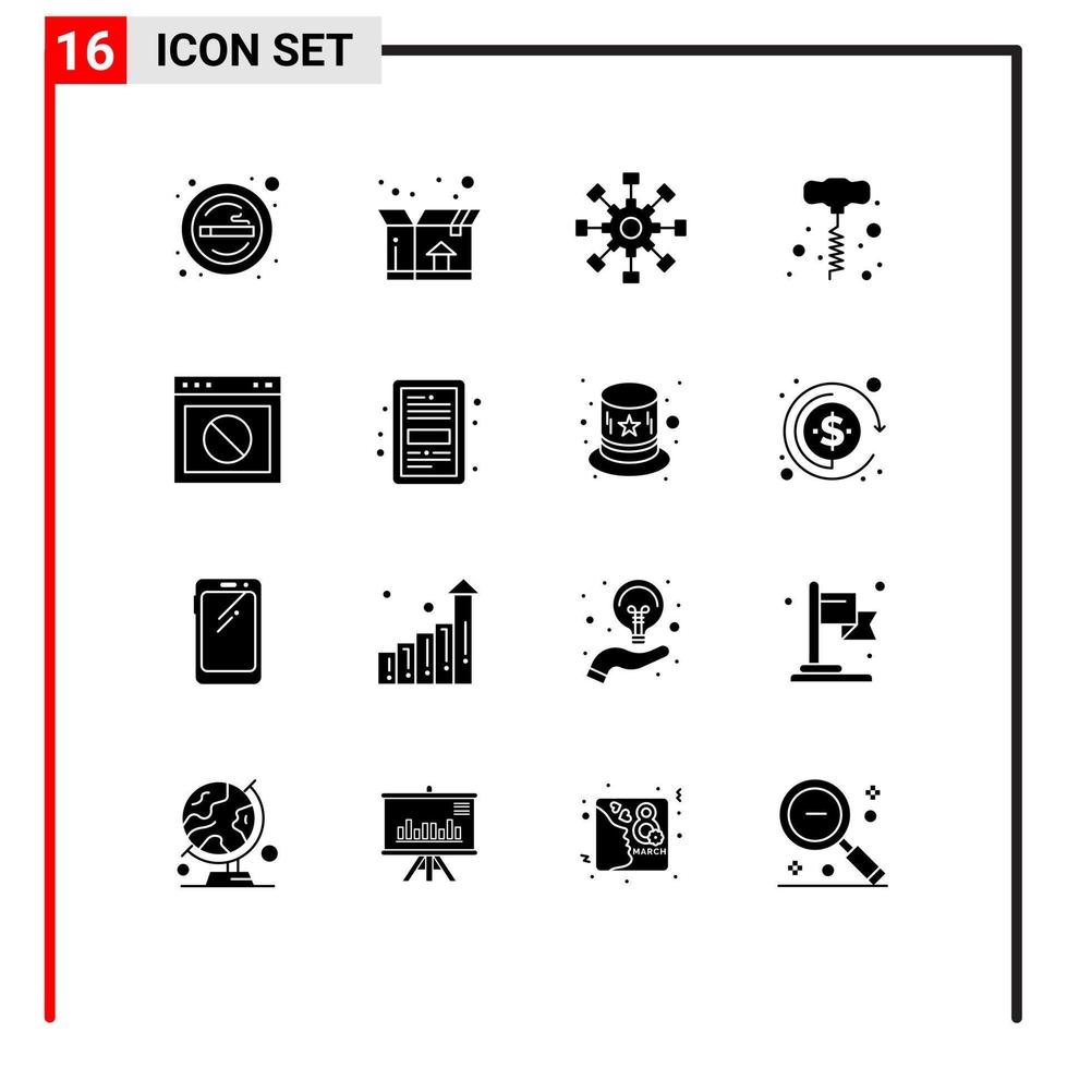 grupo de 16 sinais e símbolos de glifos sólidos para parar ferramentas elétricas negócios broca manual trabalho em equipe editável elementos de design vetorial vetor