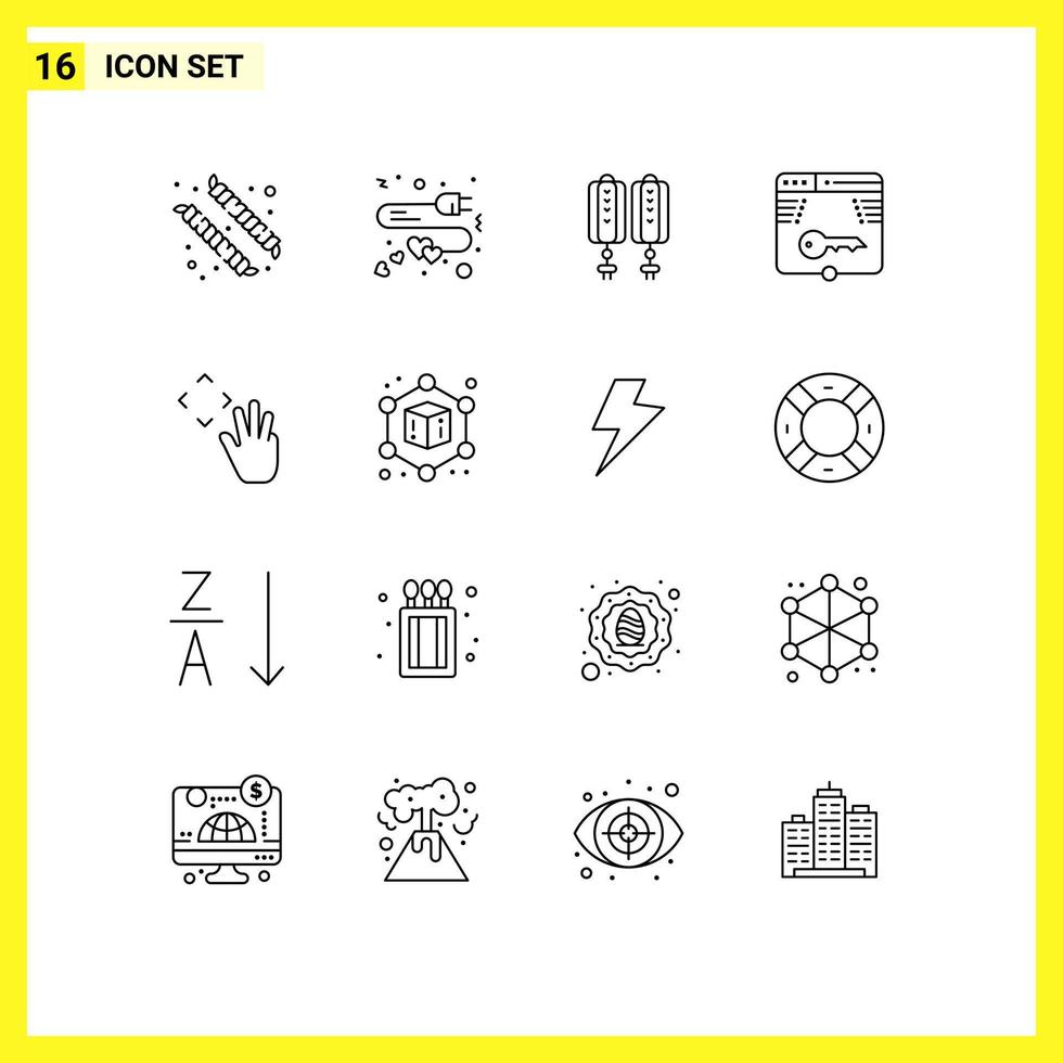 pacote de interface do usuário de 16 contornos básicos de mão cursor login china forma chave elementos de design de vetores editáveis