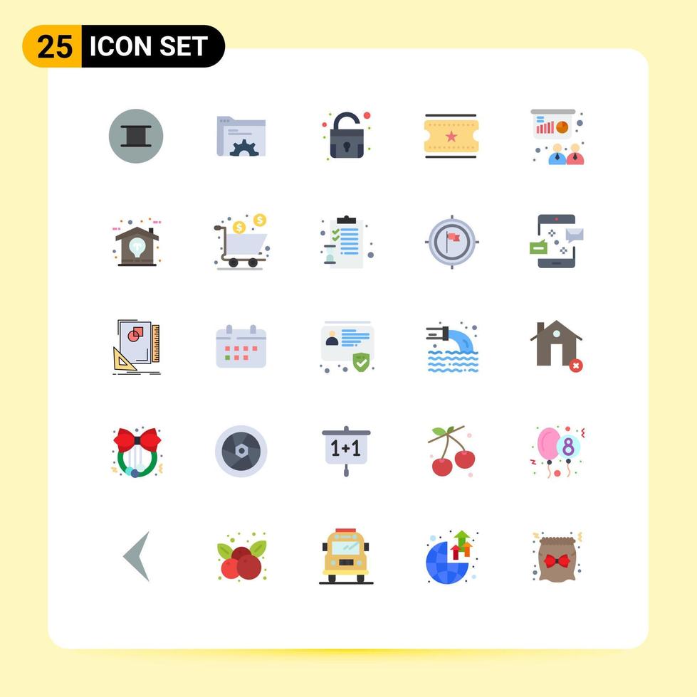 conjunto de pictogramas de 25 cores planas simples de cadeado de treinamento criativo, apresentação de ingressos de cinema, elementos de design vetorial editáveis vetor