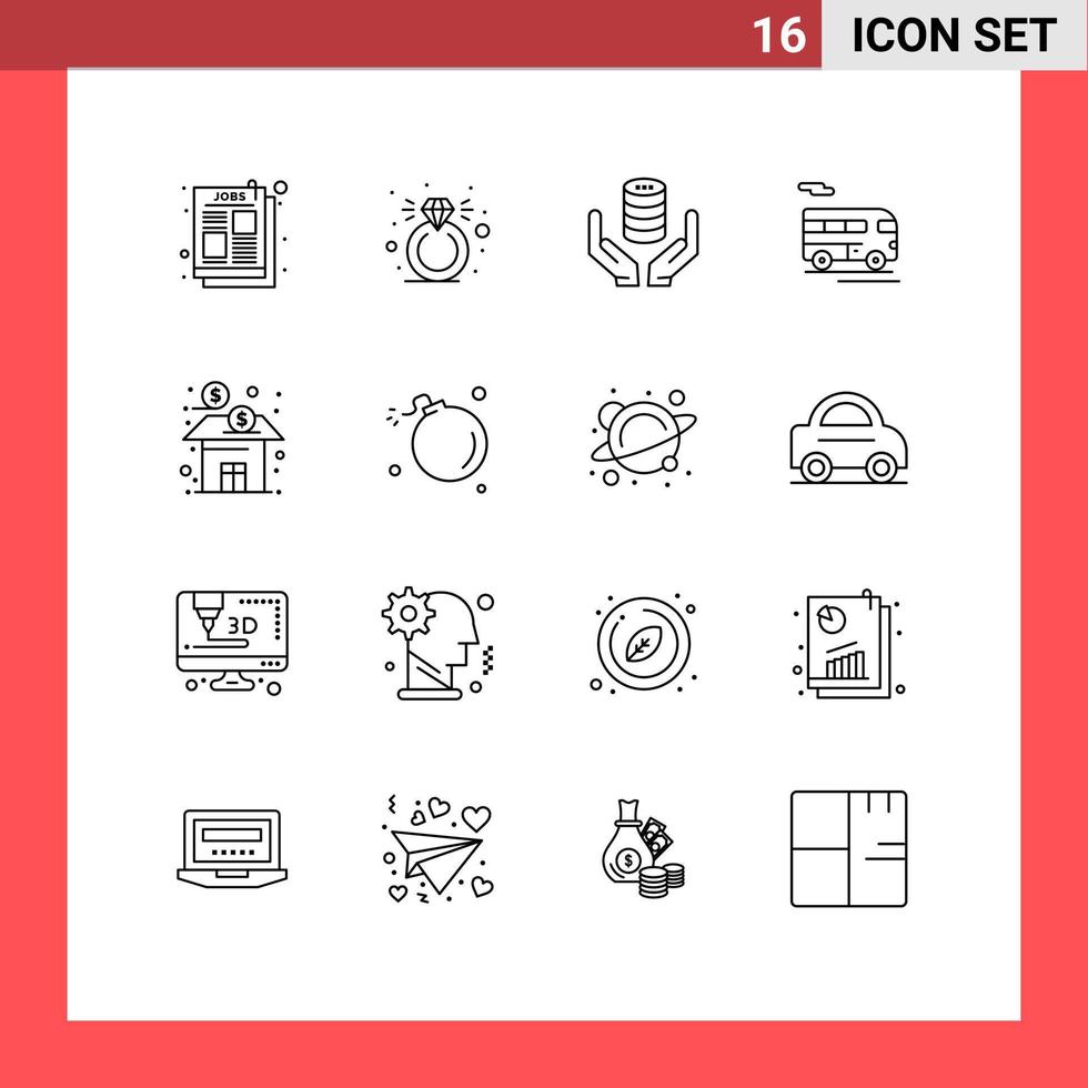 conjunto moderno de 16 contornos de pictograma de elementos de design de vetores editáveis de ônibus de transporte de mão de veículo de negócios