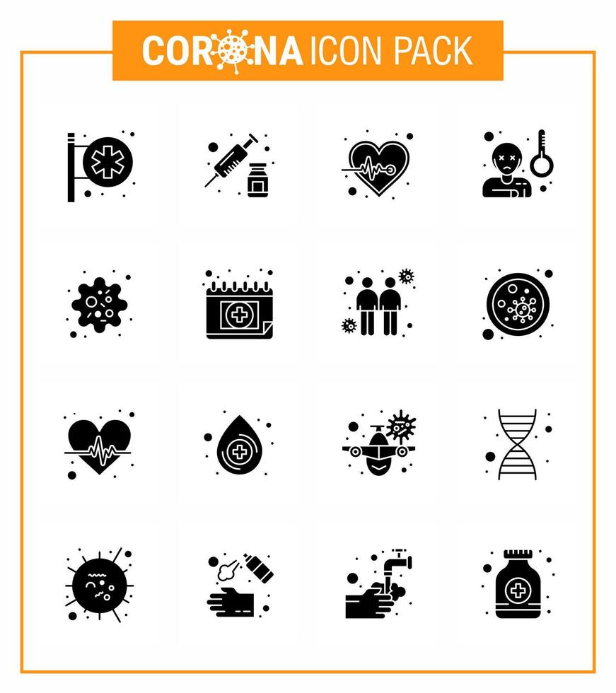 conjunto de ícones de prevenção de coronavírus 16 ícone preto de glifo sólido, como temperatura de partícula, febre viral, elementos de design de vetor de doença viral de 2019nov
