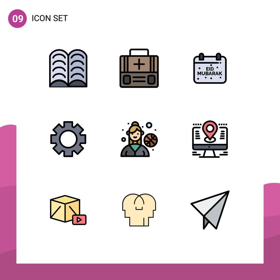 conjunto de 9 sinais de símbolos de ícones de interface do usuário modernos para jogador de basquete de jogo ao ar livre eid wheel gear elementos de design de vetores editáveis