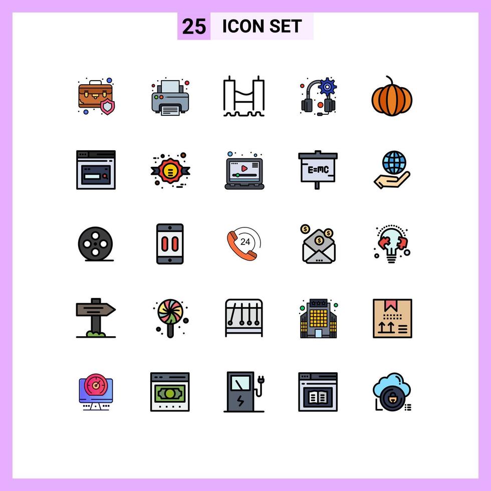 25 interface do usuário linha cheia pacote de cores planas de sinais e símbolos modernos de fones de ouvido de abóbora equipamento de impressão industrial elementos de design de vetores editáveis