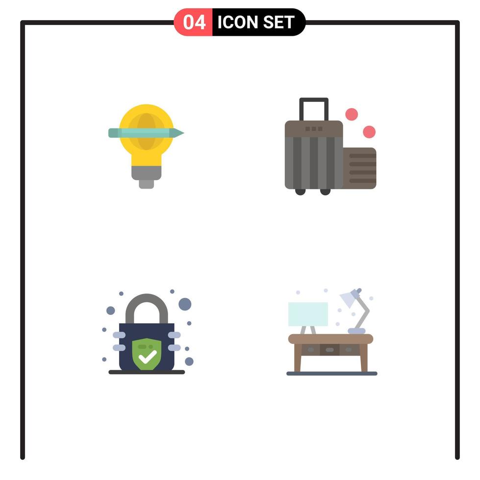 conjunto de 4 sinais de símbolos de ícones de interface do usuário modernos para elementos de design de vetor editável de segurança de praia de lâmpada de criptografia de sucesso