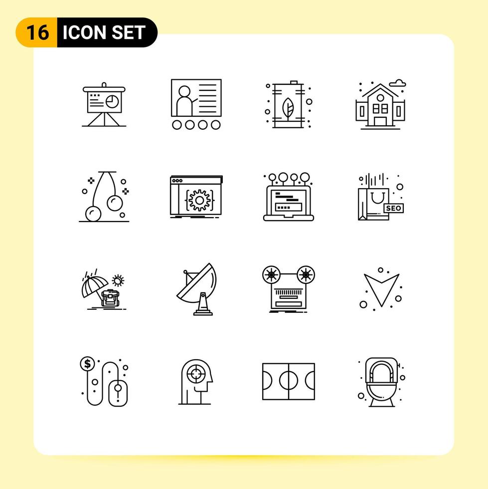 conjunto de esboço de interface móvel de 16 pictogramas de elementos de design de vetores editáveis de óleo de cidade de professor de vida cereja