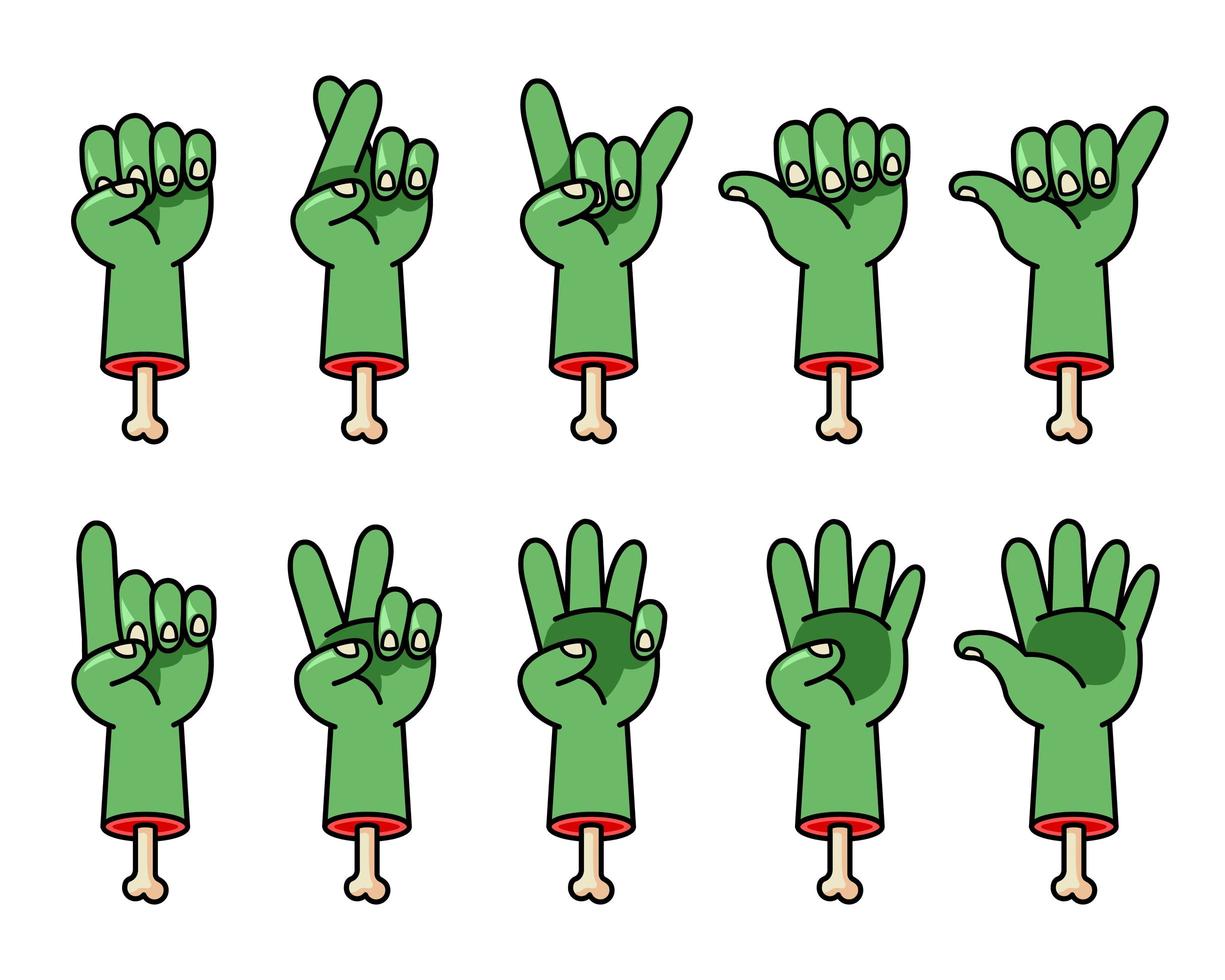 Conjunto de gestos com as mãos em desenho animado de zumbi assustador cortado vetor