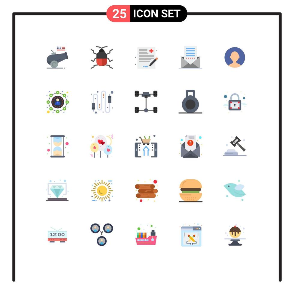 conjunto moderno de 25 cores planas e símbolos, como interface de avatar, envelope médico, comunicação, elementos de design de vetores editáveis