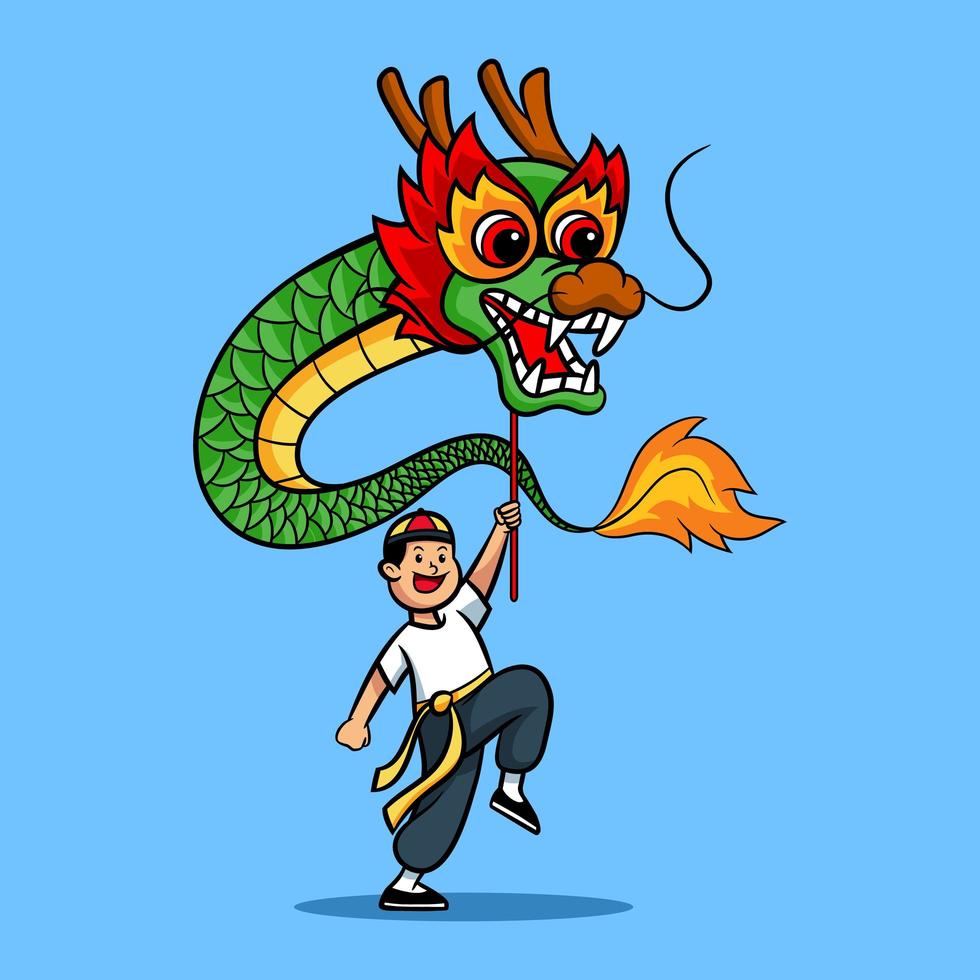 menino alegre tocando dança do dragão chinês vetor