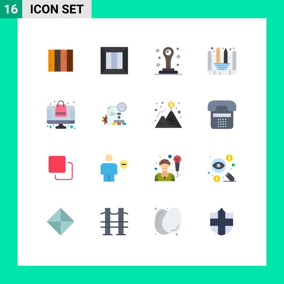 pacote de 16 sinais e símbolos modernos de cores planas para mídia impressa na web, como bolsa, criação de projeto, projeto de entrega, projeto de selo, pacote editável de elementos de design vetorial criativo vetor