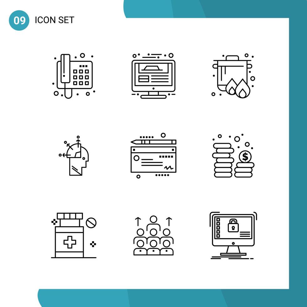 pacote vetorial de 9 ícones de estilo de linha de símbolos de contorno definidos em fundo branco para web e fundo de vetor de ícone preto criativo móvel