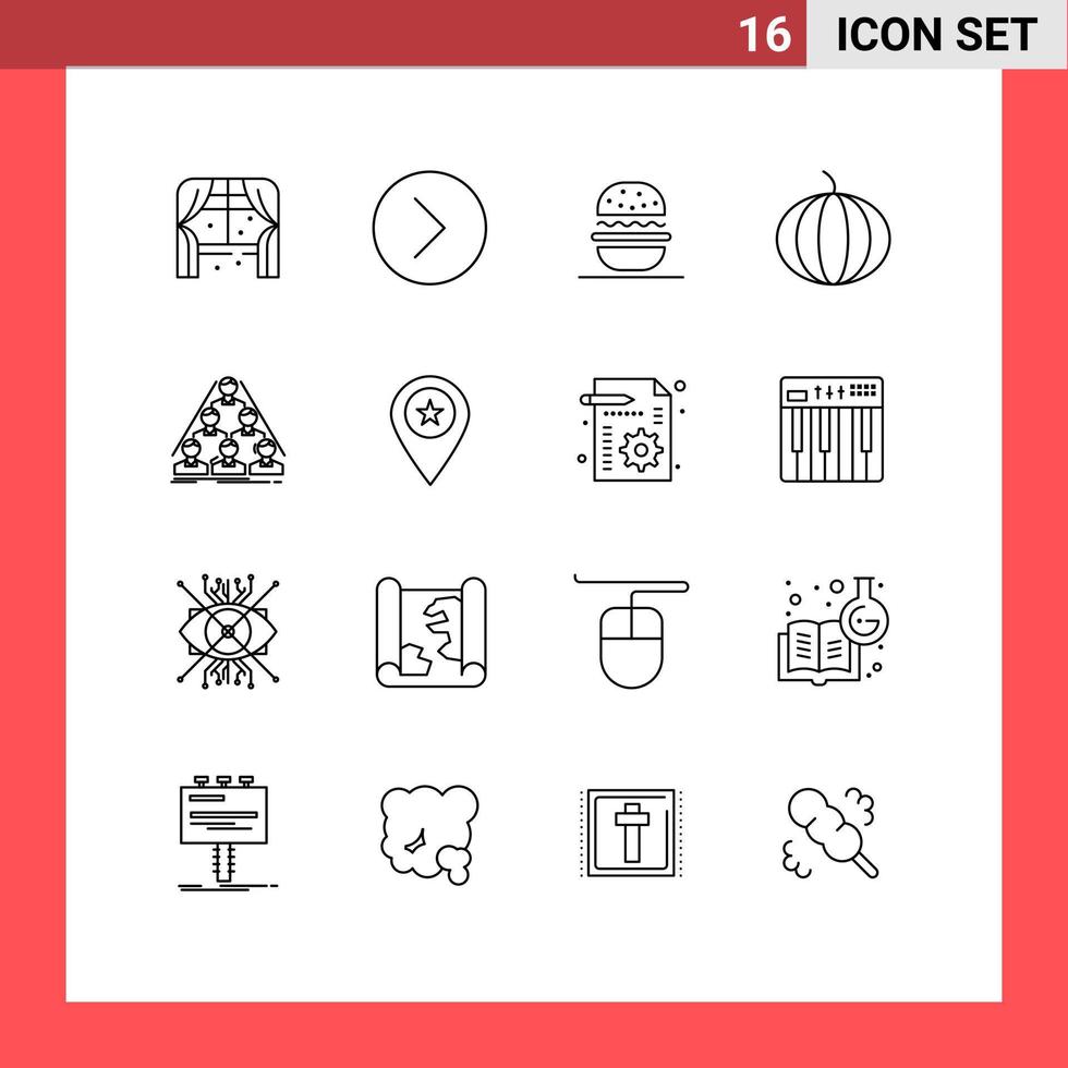 conjunto moderno de pictograma de 16 contornos de elementos de design de vetores editáveis de abóbora de equipe de hambúrguer de construção de negócios