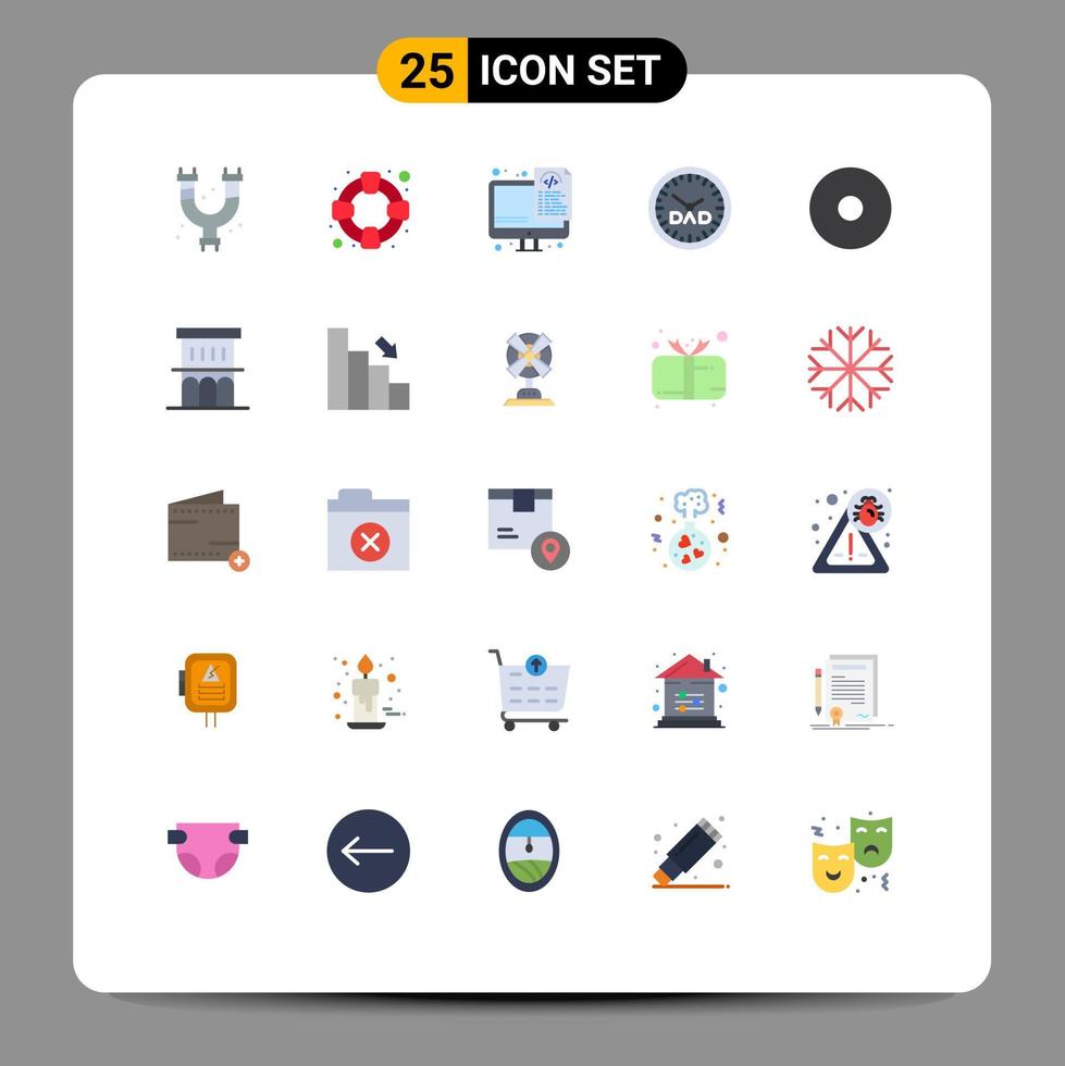 Pacote de cores planas de 25 interfaces de usuário de sinais e símbolos modernos de arquitetura, otimização de multimídia, relógio, tempo para a família, elementos de design vetorial editáveis vetor