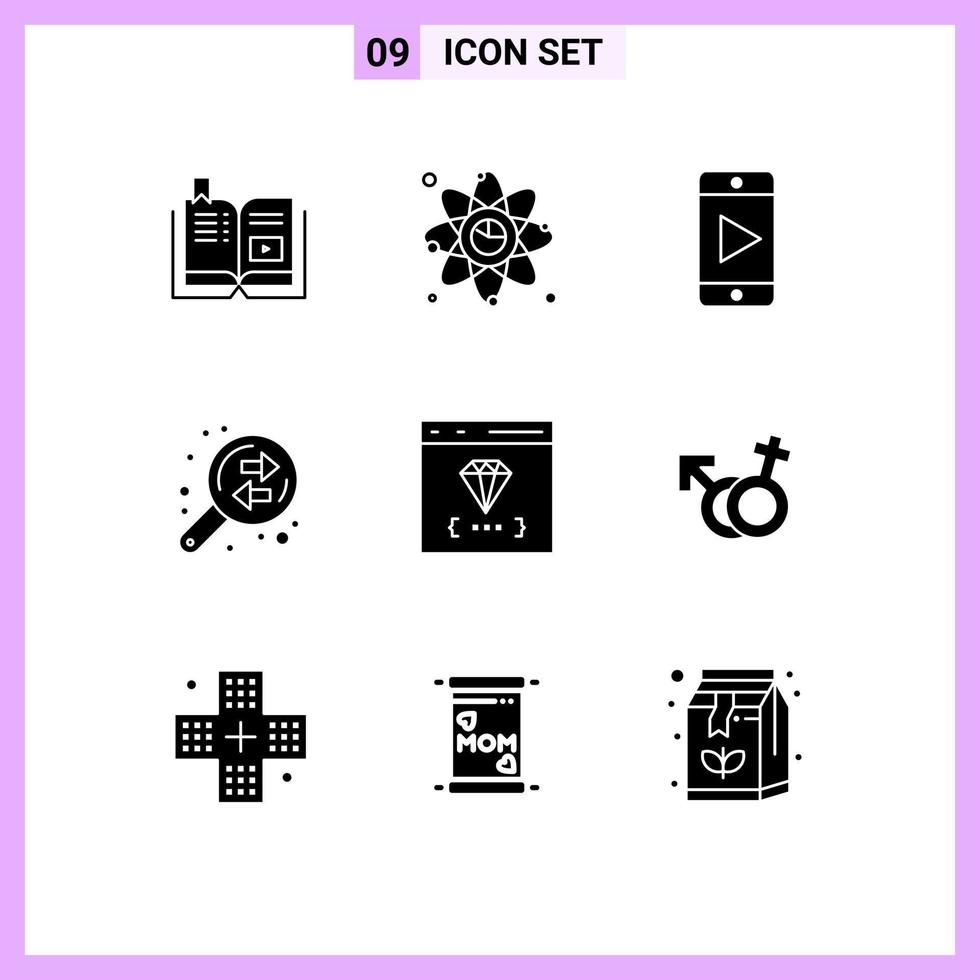 9 conceito de glifo sólido para sites móveis e aplicativos, link de troca de aplicativos, análise de dados, vídeo, elementos de design de vetores editáveis