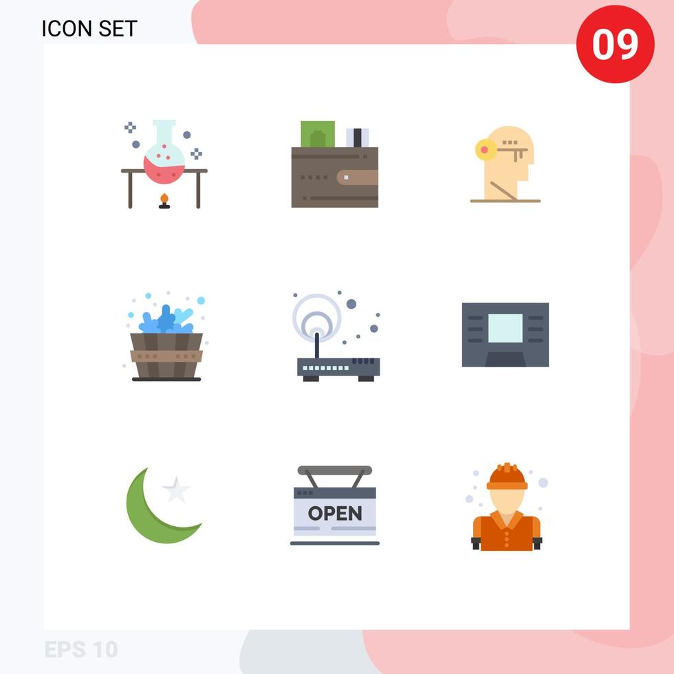 Pacote de cores planas de 9 interfaces de usuário de sinais e símbolos modernos de acesso, carteira de sauna, mente, elementos de design vetorial editáveis vetor