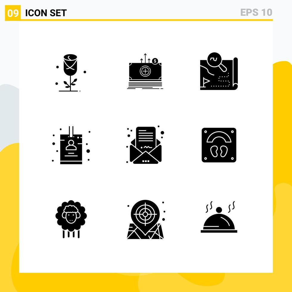 pacote de 9 sinais e símbolos de glifos sólidos modernos para mídia impressa na web, como pesquisa de cartão de destino de identificação de e-mail, elementos de design de vetores editáveis