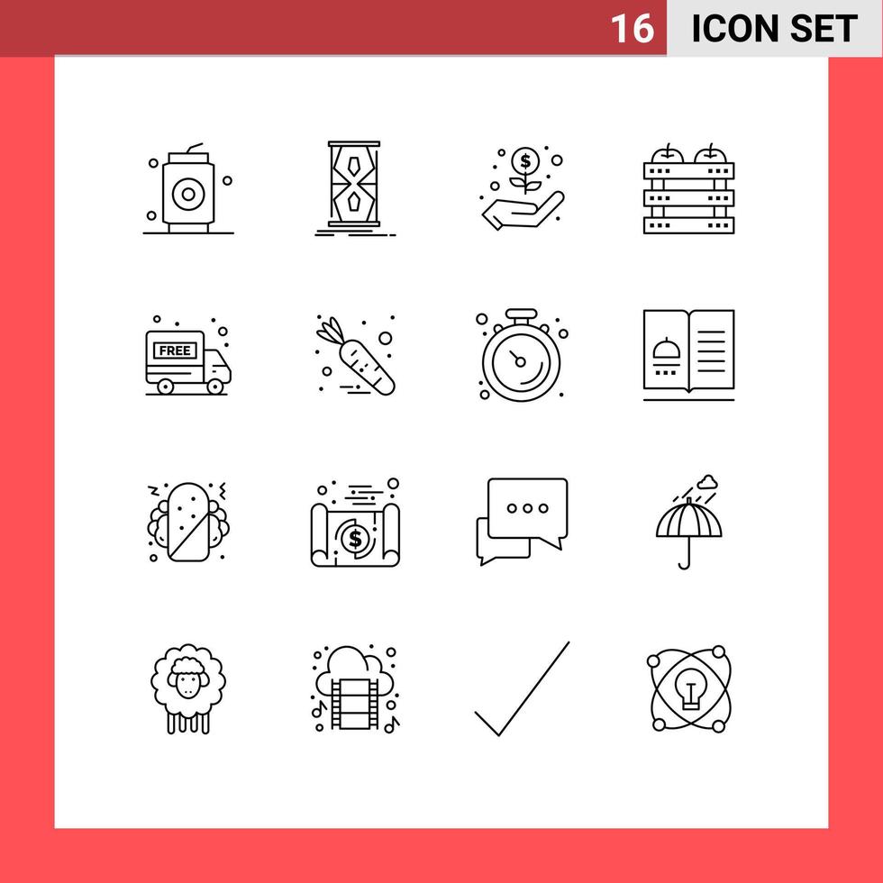 conjunto de esboço de interface móvel de 16 pictogramas de caminhão de entrega comida tempo jantar maçã elementos de design de vetores editáveis