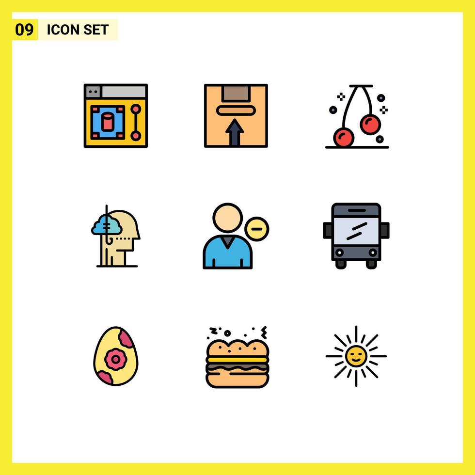 conjunto de cores planas de linha preenchida de interface móvel de 9 pictogramas de pacote de hábitos de exclusão captura ideias de empréstimo elementos de design de vetores editáveis