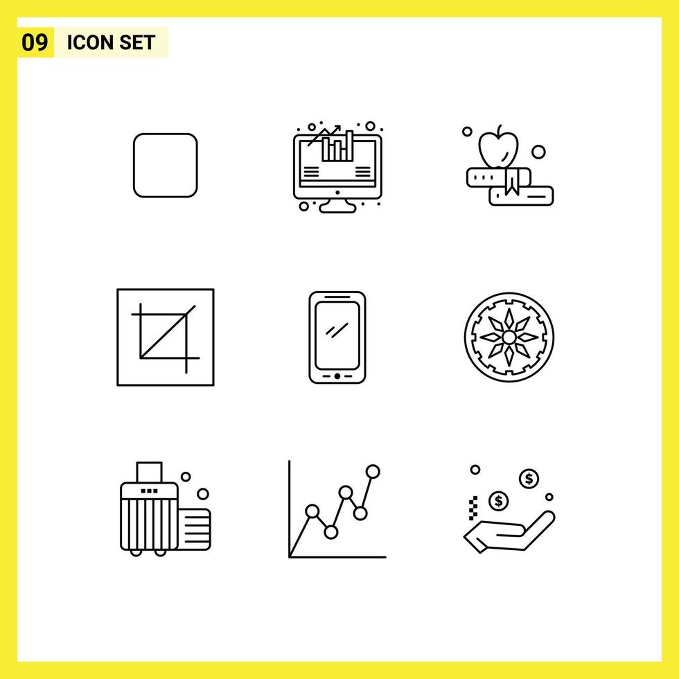 pacote de 9 sinais e símbolos de contornos modernos para mídia impressa na web, como layout de telefone de educação de telefone inteligente android elementos de design de vetores editáveis