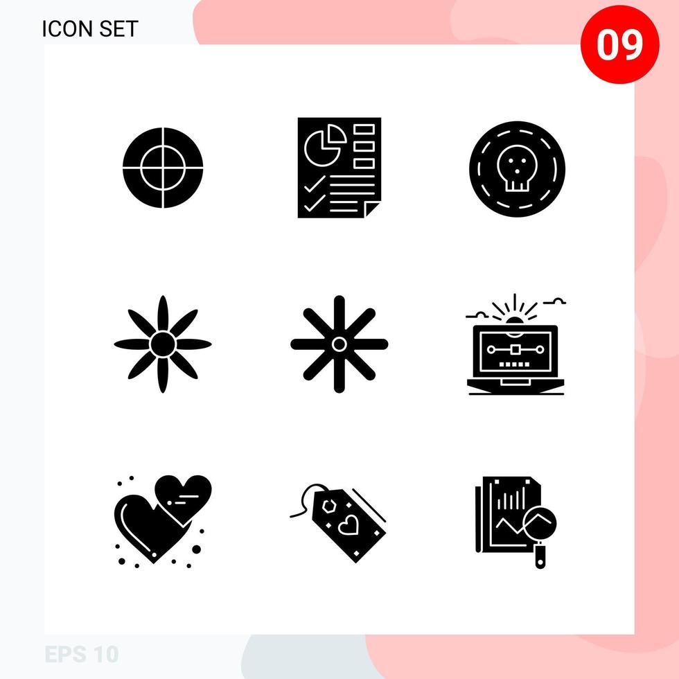 pacote vetorial de 9 ícones em pacote de glifos criativos de estilo sólido isolado em fundo branco para web e fundo de vetor de ícones pretos criativos móveis