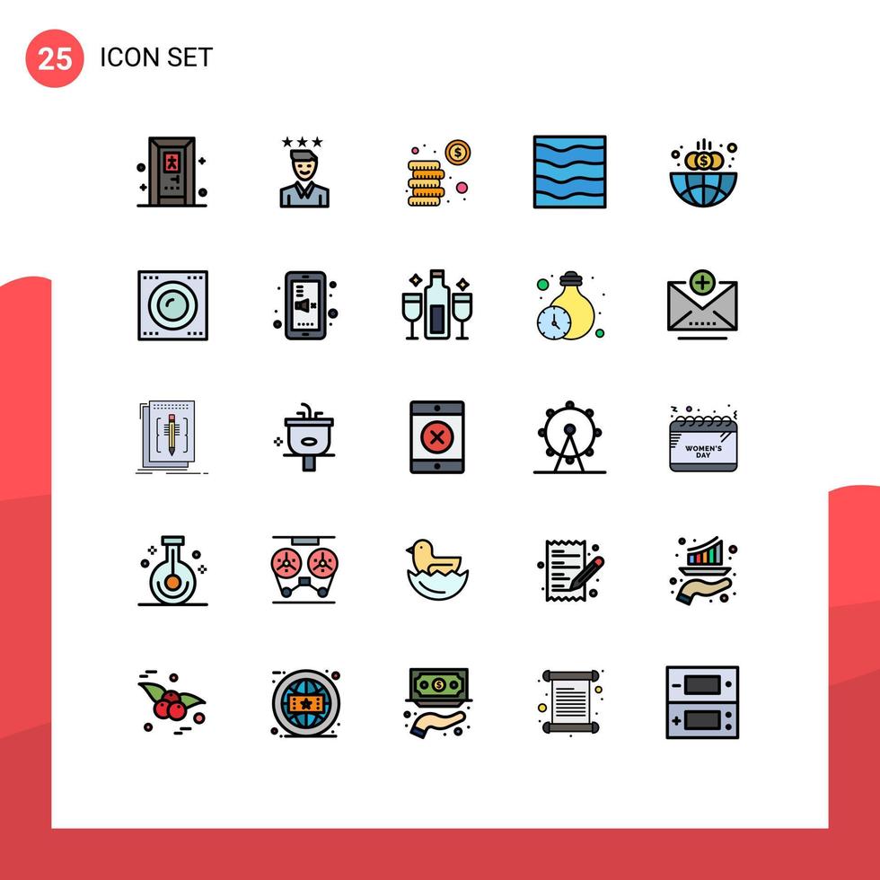 grupo de 25 cores planas de linhas preenchidas modernas definidas para elementos de design de vetores editáveis em dinheiro de água de negócios