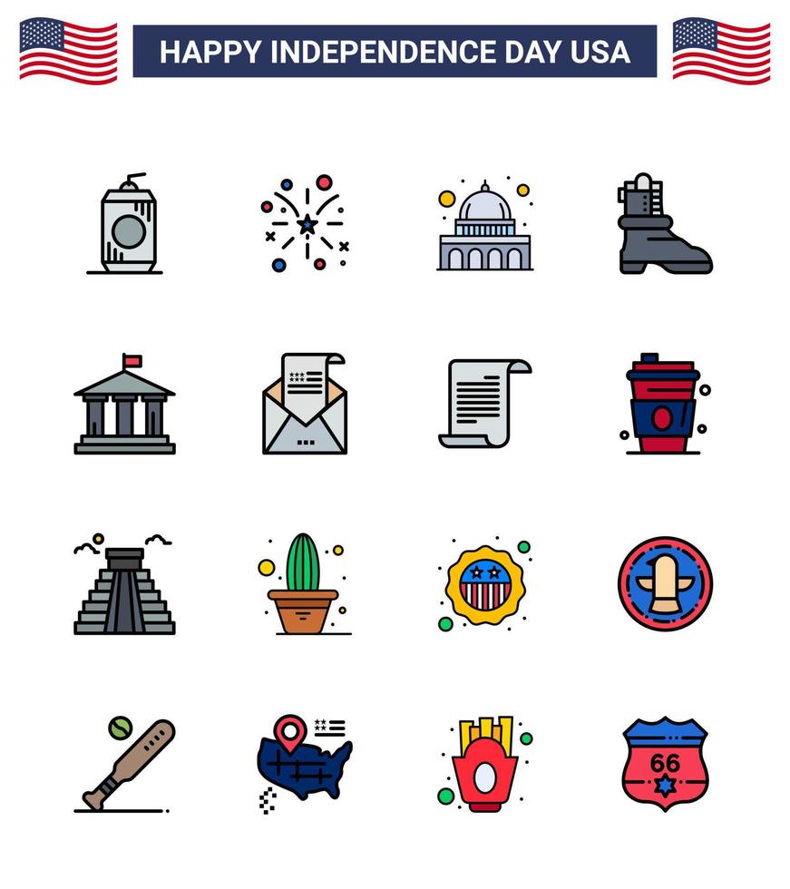 4 de julho eua feliz dia da independência ícone símbolos grupo de 16 linhas planas preenchidas modernas do capitólio do banco americano sapato americano editável dia dos eua vetor elementos de design