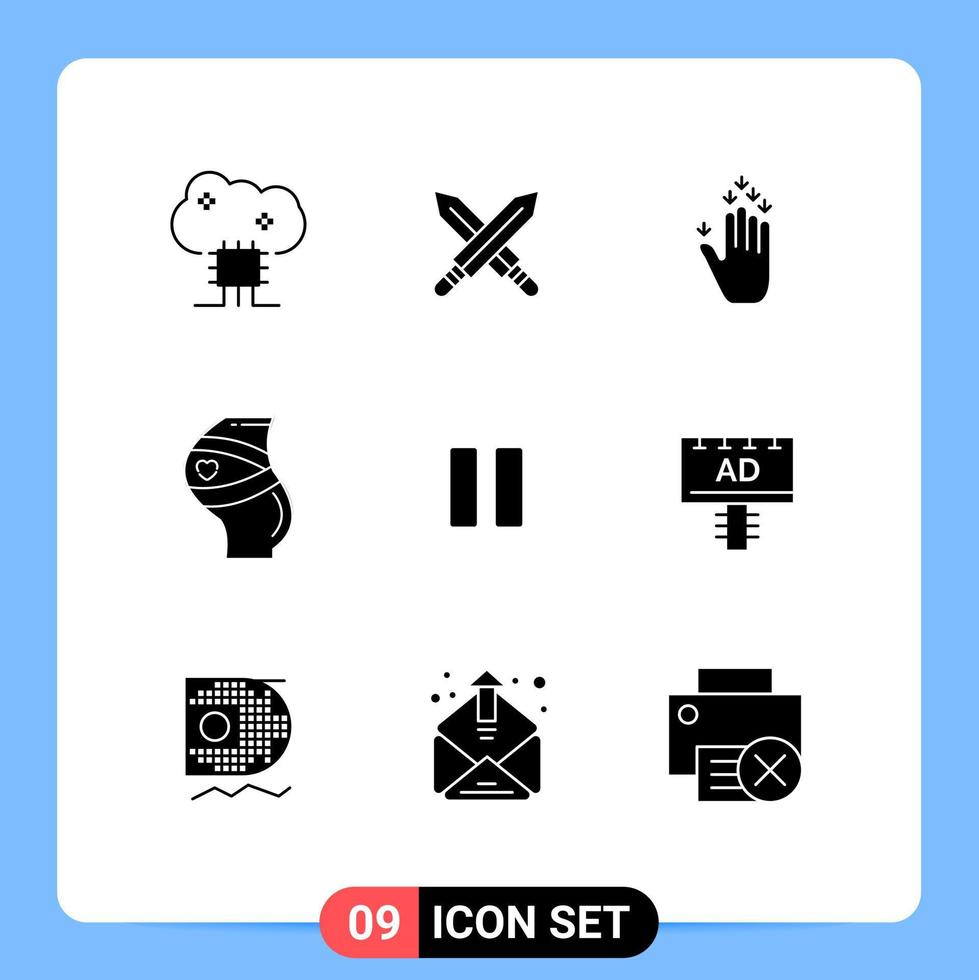 grupo de 9 sinais e símbolos de glifos sólidos para mulheres gravidez arma segurança para baixo elementos de design de vetores editáveis