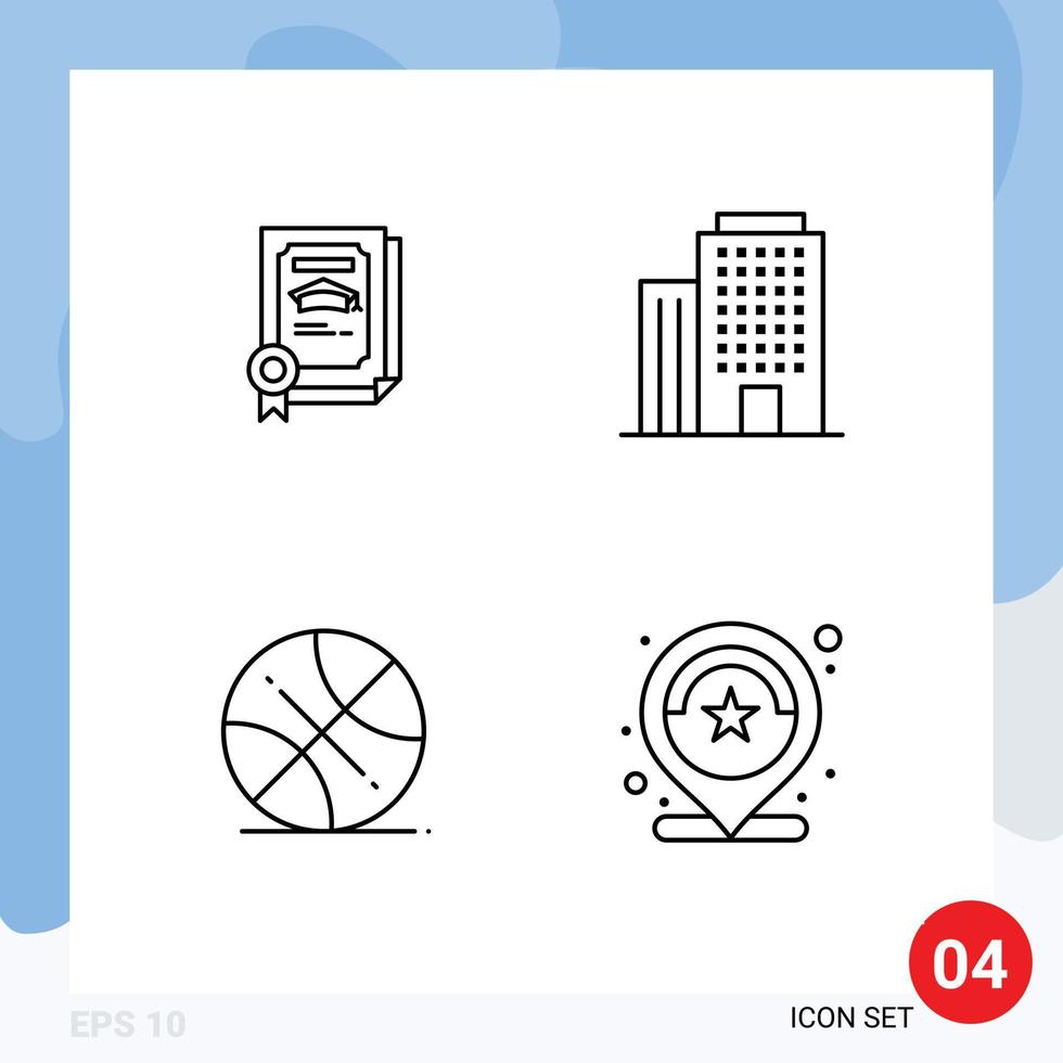 conjunto de 4 sinais de símbolos de ícones de interface do usuário modernos para graduação em esportes, localização de casa de pós-graduação, elementos de design de vetores editáveis