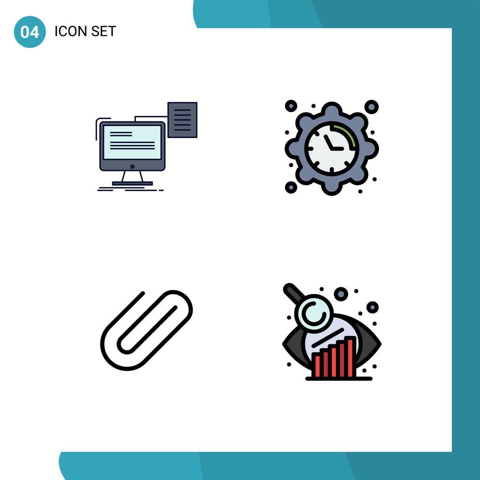 conjunto de pictogramas de 4 cores planas de linha preenchida simples de anexo de currículo clipe de relógio cv elementos de design de vetores editáveis